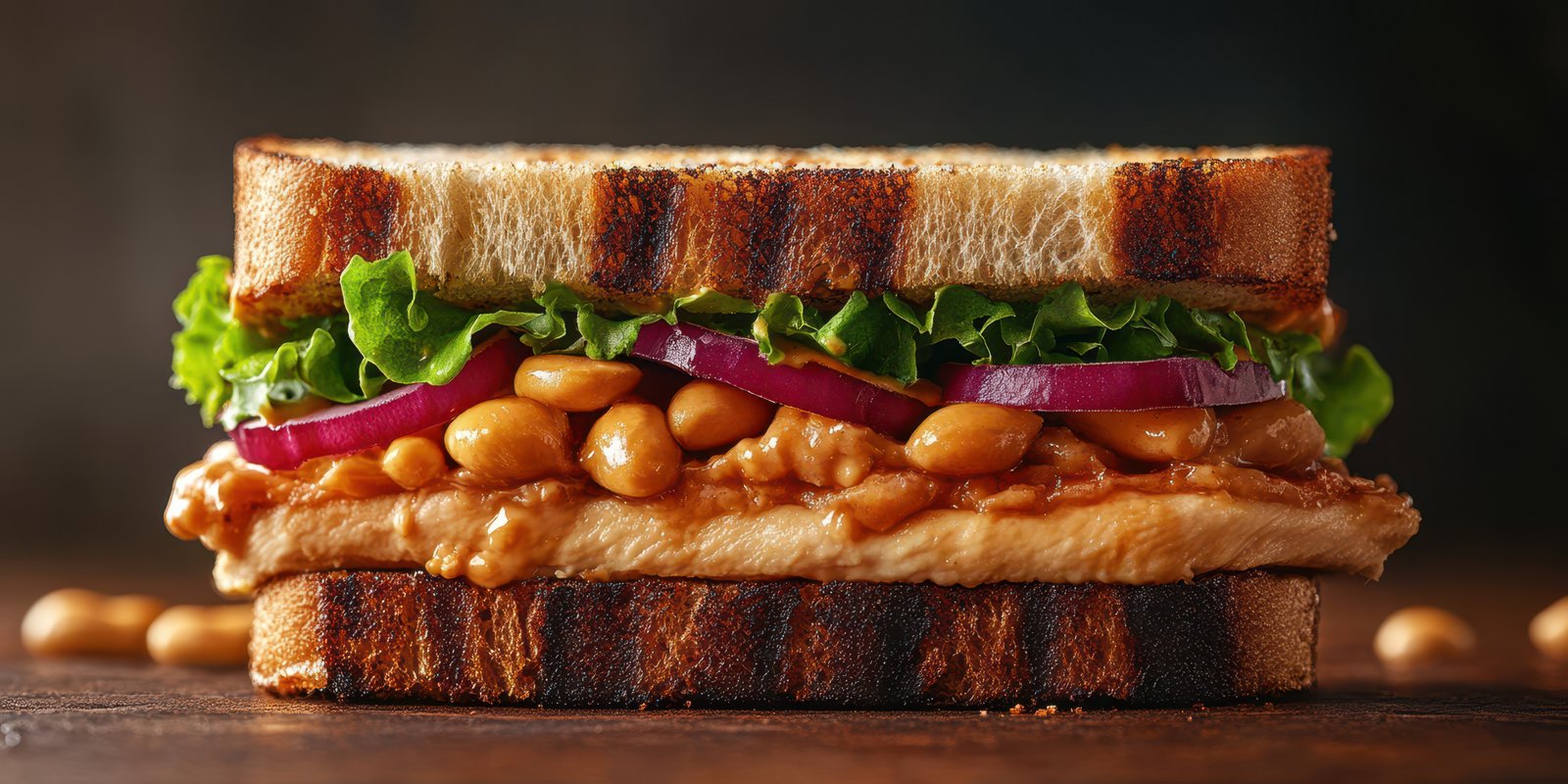 Delicious grilled sandwich with chicken, lettuce, and peanut sauce served on toasted bread